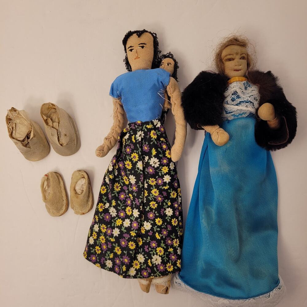 Primitive Handmade Vintage Cloth Handsewn Lot Of 2 Dolls 2 Pair Shoes 7 Inches